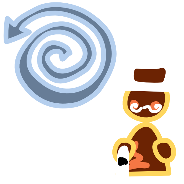 A large gray spiral arrow next to  an abstract brown person with yellow line art and a curled mustache wearing a top hat and holding a dapper cane. The image has light line art.